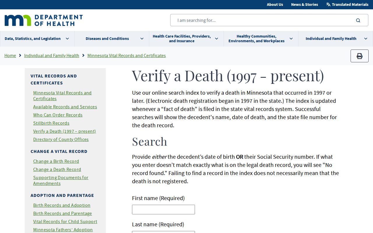 Elk River resident lookup through the Minnesota death verification search